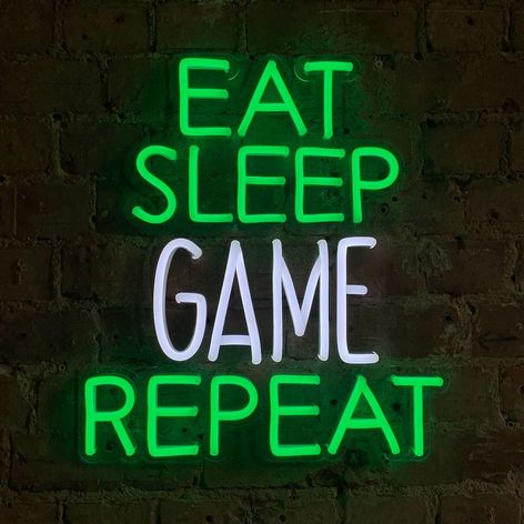 Selling: 'Eat Sleep Game Repeat' Green &Amp; White Neon Led Wall Mountable Sign