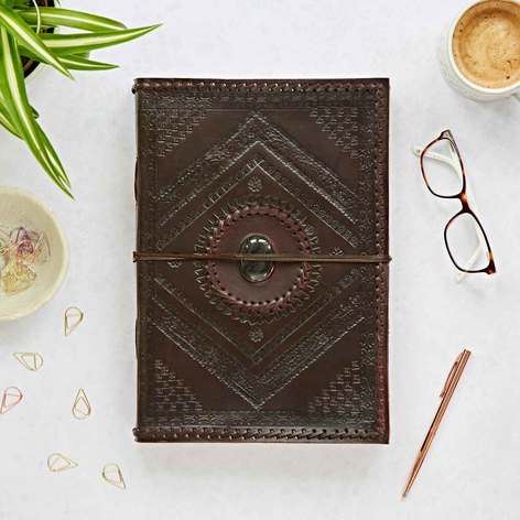Selling: Handcrafted A4 Stitched Embossed Stoned Leather Journal - Black Onyx