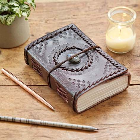 Selling: Handcrafted Medium Stitched Embossed Stoned Leather Journal - Labradorite
