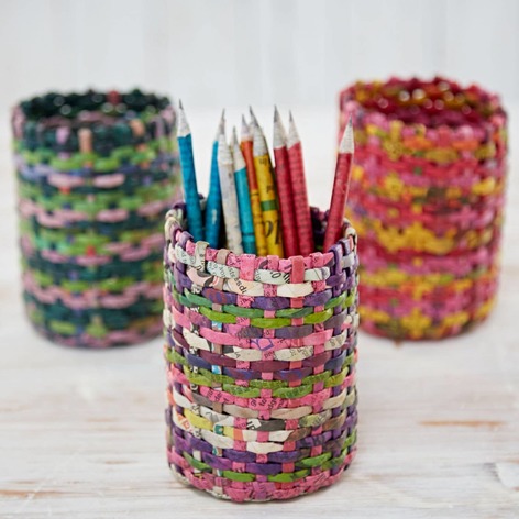 Selling: Recycled Newspaper Round Pencil Holder - Natural/Pnk/Grn/Purp