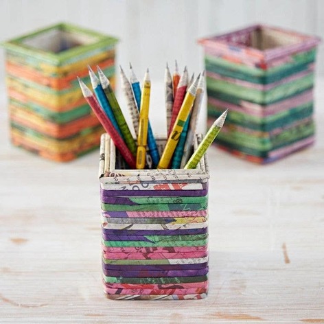 Selling: Recycled Newspaper Square Pencil Holder - Natural/Pnk/Grn/Purp