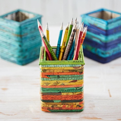 Selling: Recycled Newspaper Square Pencil Holder - Orange/Yellow/Green