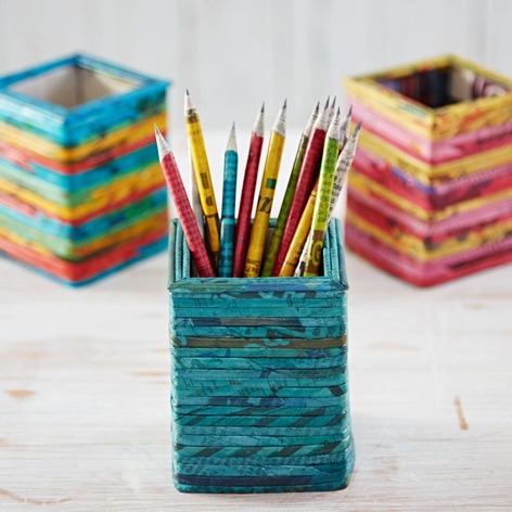 Selling: Recycled Newspaper Square Pencil Holder - Teal