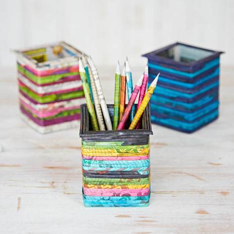 Selling: Recycled Newspaper Square Pencil Holder - Blk/Grn/Yel/Pnk/Blue