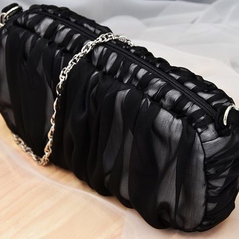 Selling: Black Chiffon On White Evening Bag With Shoulder Chain Strap