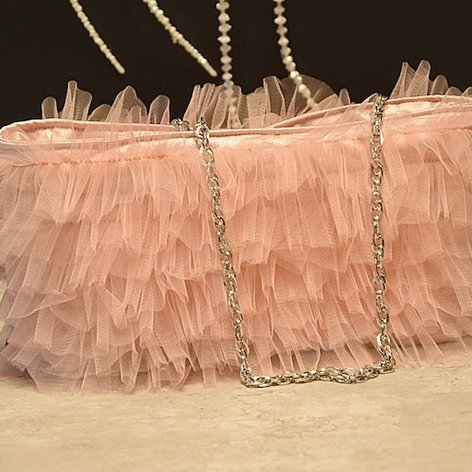 Selling: Light Pink Satin / Tulle Shoulder Bag / Evening Bag With Ruffles - Dusty Pink-Pantone Color Pastel Neon 9280 C