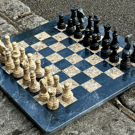 Selling: 15 Inches Marble Chess Set - Black Onyx And Fossil Stone With Storage
