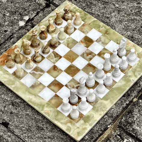 Selling: 15 Inches Vintage Marble Chess Set - Multi-Green And White Onyx With Storage