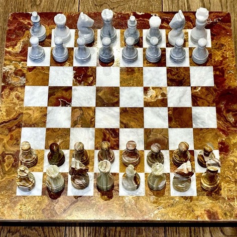 Selling: 15 Inches Antique Marble Chess Set - Brown Onyx And Fossil Stone With Storage