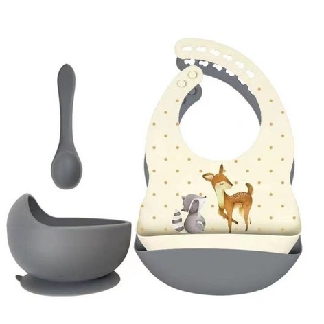 Selling: Set Of Silicone Bibs + Bowl With Suction Cup And Spoon - Deer & Raccoon Gray Blue