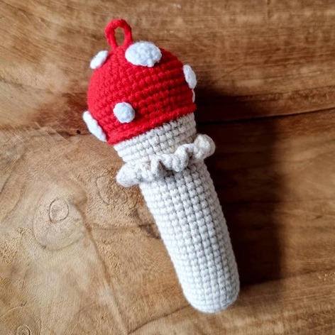 Selling: Red Crochet Mushroom Rattle With White Polka Dots