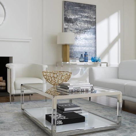Selling: Jasper Rectangle Coffee Table In Acrylic, White Glass And Polished Stainless Steel