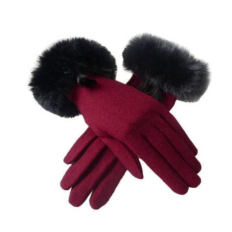Selling: Faux Fur Tassel Cuff Gloves-Burgundy