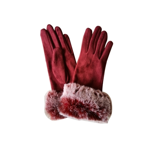 Selling: Faux Suede Gloves With Faux Fur Cuffs-Burgundy