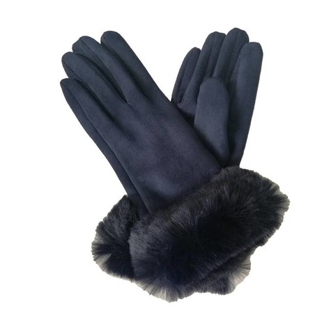 Selling: Faux Suede Gloves With Faux Fur Cuffs-Navy